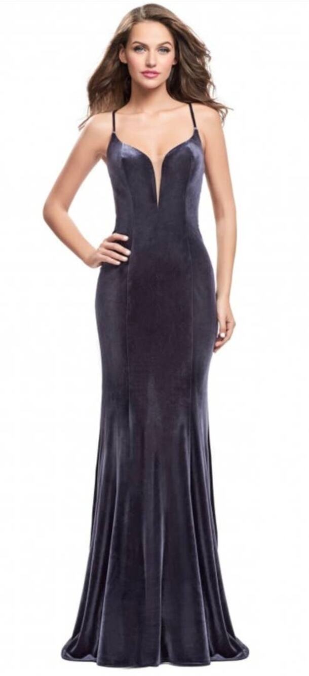 La Femme Plunge Neckline Sleeveless Velvet Mermaid Gown Charcoal Gray 4 Preowned